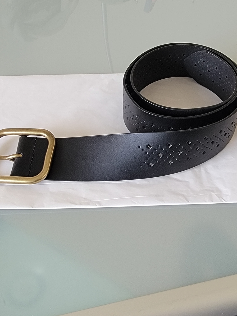 Women's Black Laser Cut Leather Belt with Brass Buckle, Made In Italy, Size L
